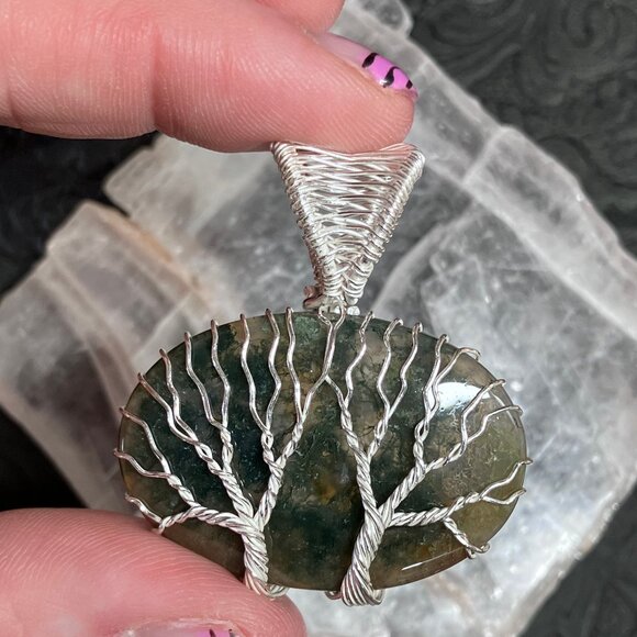 Dual Tree of Life Moss Agate Pendant Wire Wrapped Stone Jewelry - Picture 8 of 9